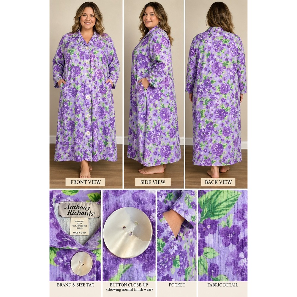 Anthony Richards 3X House Dress Duster Purple Hydrangea Floral Pockets